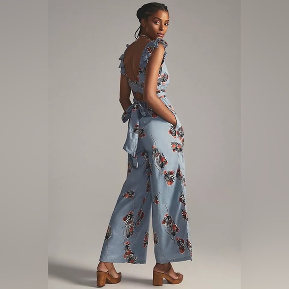 Anthropologie Bel Kazen Blue Floral Wide Leg Ruffle Sleeve Open Back Jumpsuit - Picture 3 of 9